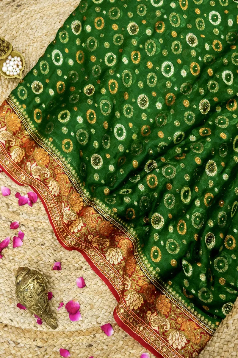 GREEN WITH RED COLOR KHADDI GEORGETTE SAREE