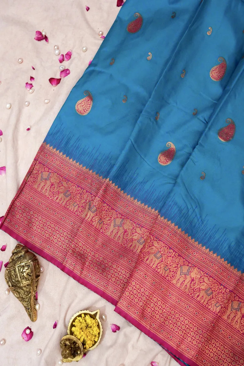 RAMA GREEN BANARASI SILK SAREE WITH PINK BORDER