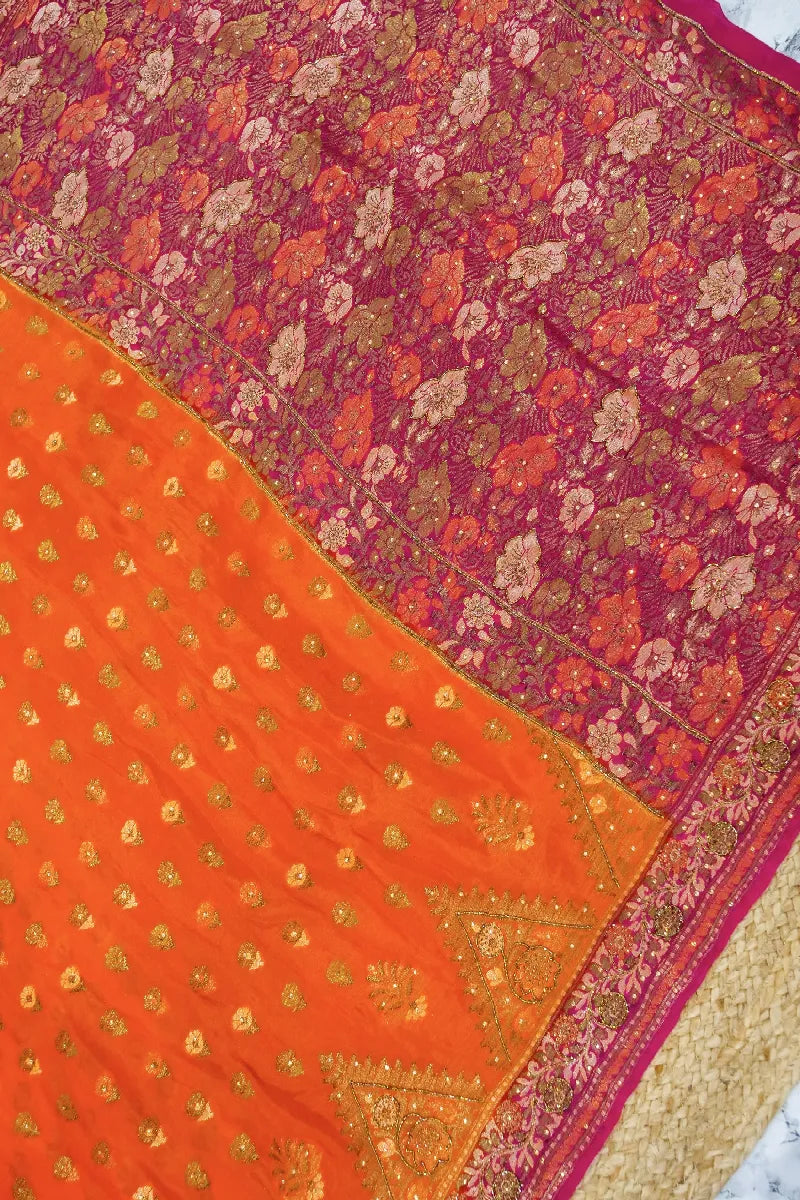 ORANGE WITH PINK COLOR KHADDI GEORGETTE SAREE