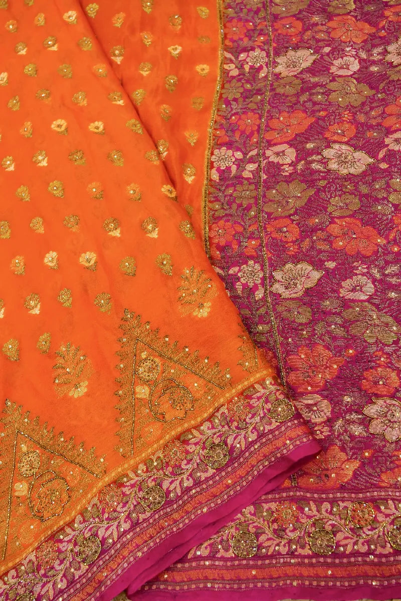 ORANGE WITH PINK COLOR KHADDI GEORGETTE SAREE