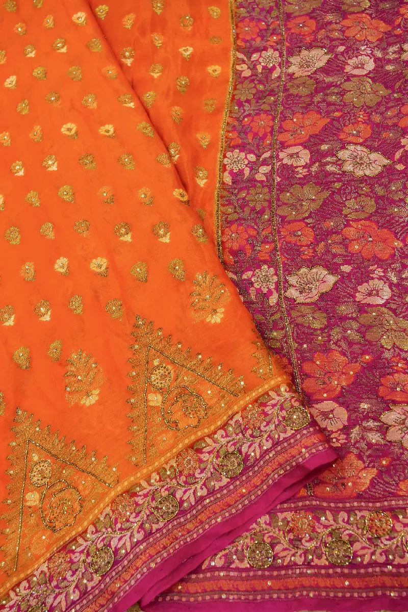 ORANGE WITH PINK COLOR KHADDI GEORGETTE SAREE