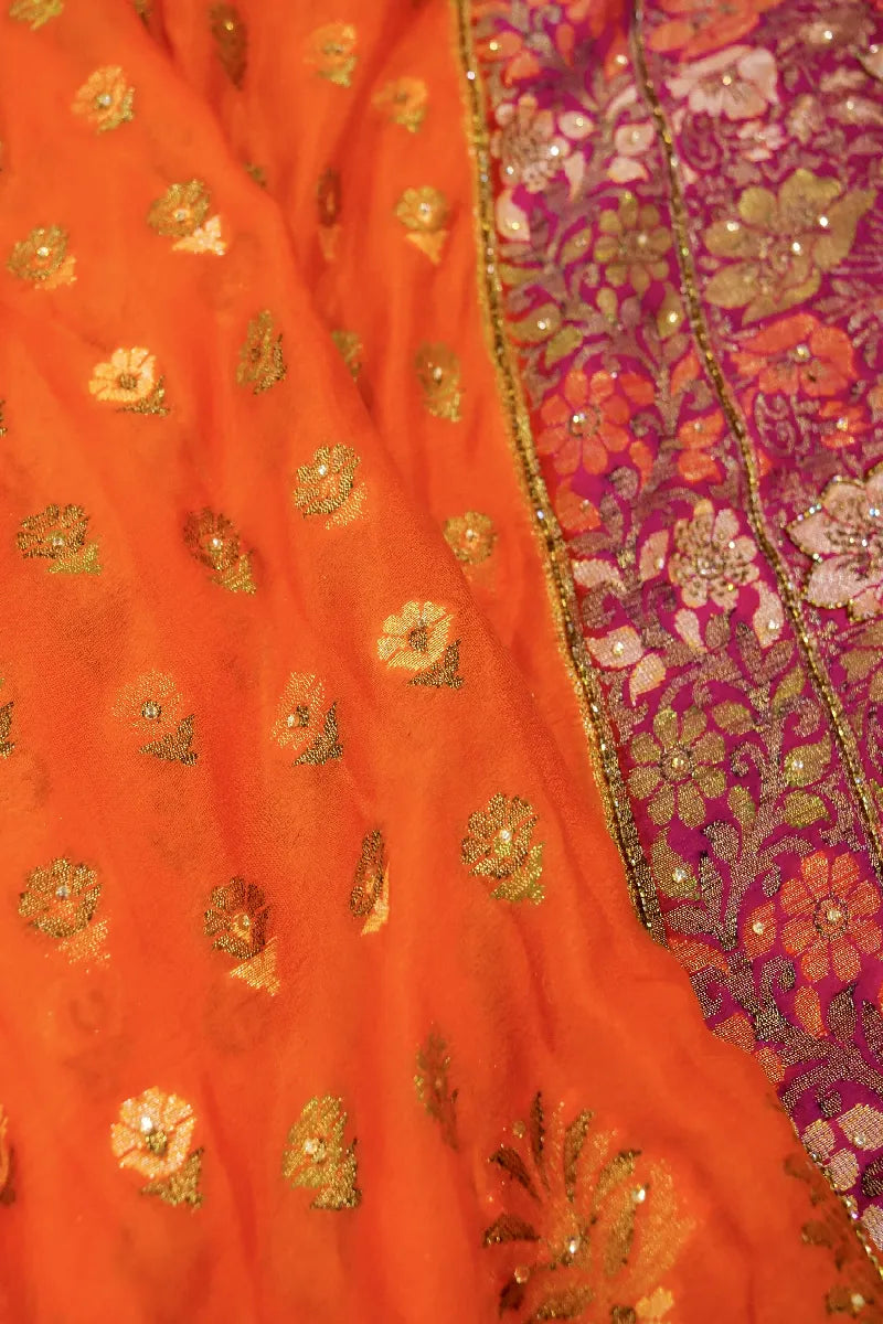 ORANGE WITH PINK COLOR KHADDI GEORGETTE SAREE