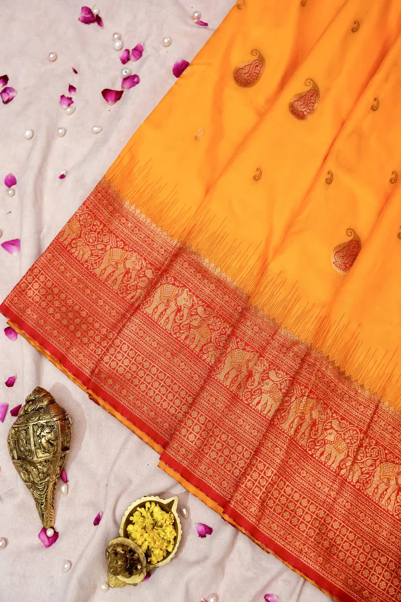 YELLOW SILK SAREE WITH RED BORDER