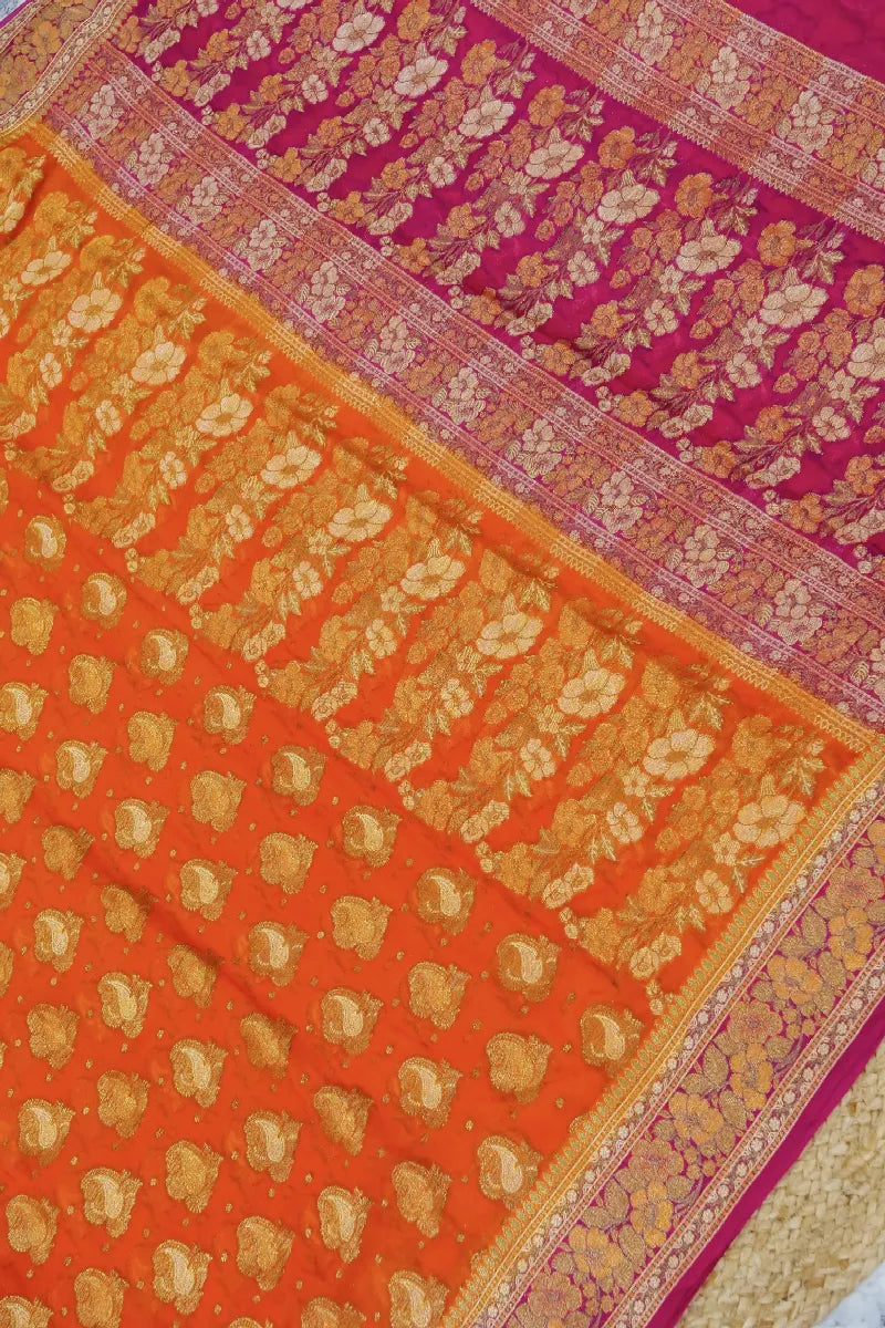 ORANGE WITH PINK COLOR KHADDI GEORGETTE SAREE