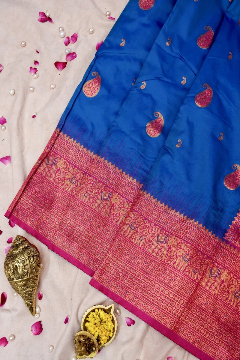 PEACOCK BLUE SILK SAREE WITH PINK BORDER