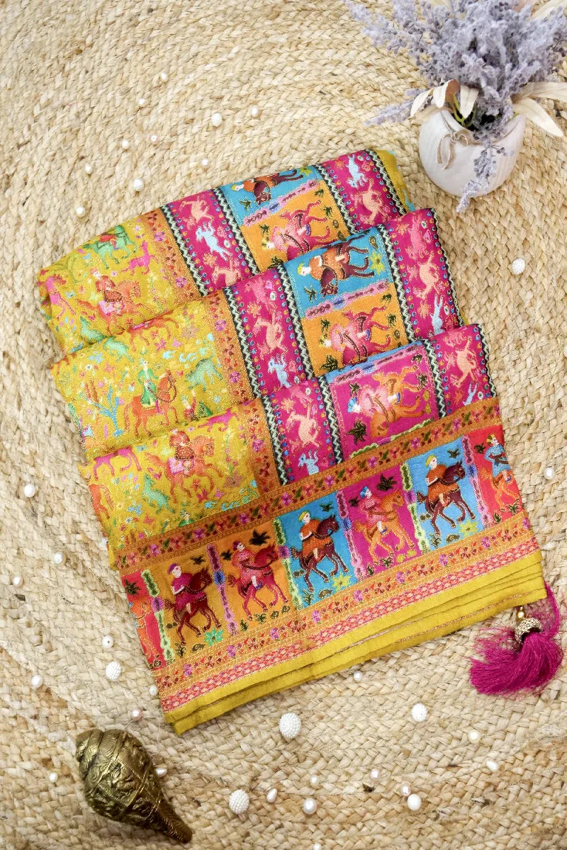 LEMON GREEN WITH PINK COLOR CREPE SILK PASHMINA SAREE