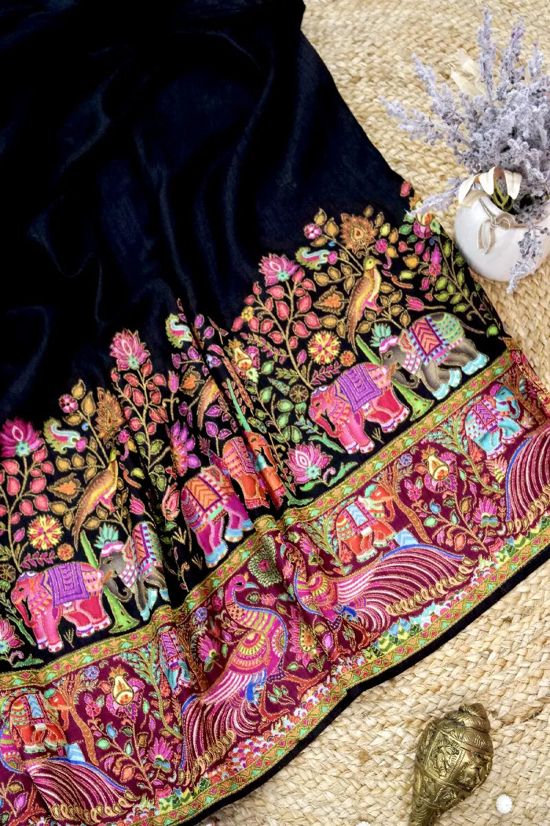 BLACK COLOR CREPE SILK PASHMINA SAREE