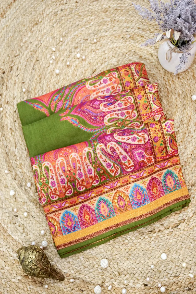 GREEN COLOR CREPE SILK PASHMINA SAREE