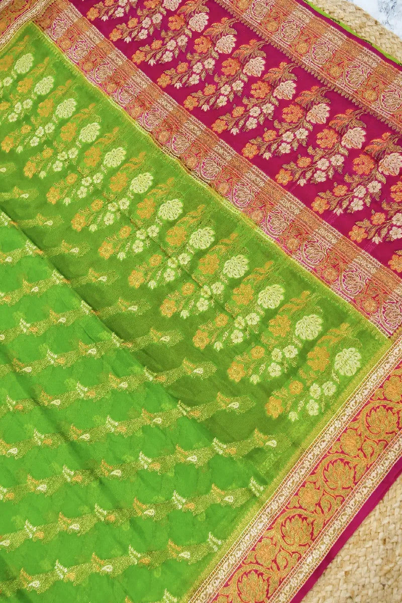 MEHENDI GREEN WITH PINK COLOR KHADDI GEORGETTE SAREE