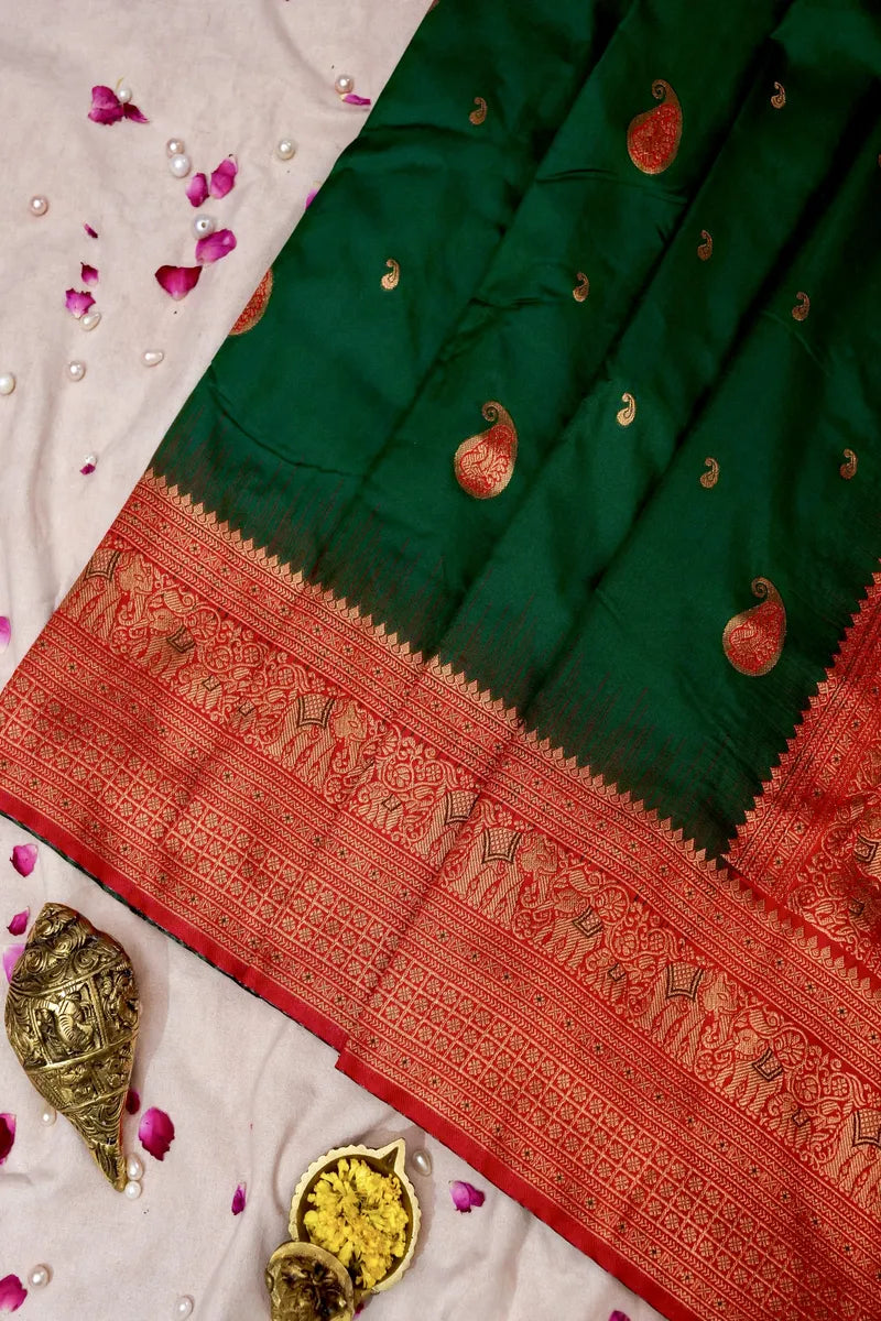 GREEN SILK SAREE WITH RED BORDER
