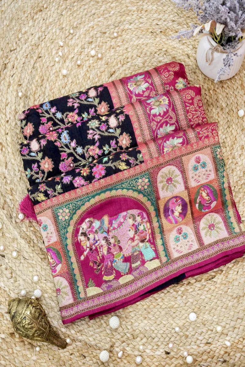 BLACK WITH PINK COLOR CREPE SILK PASHMINA SAREE