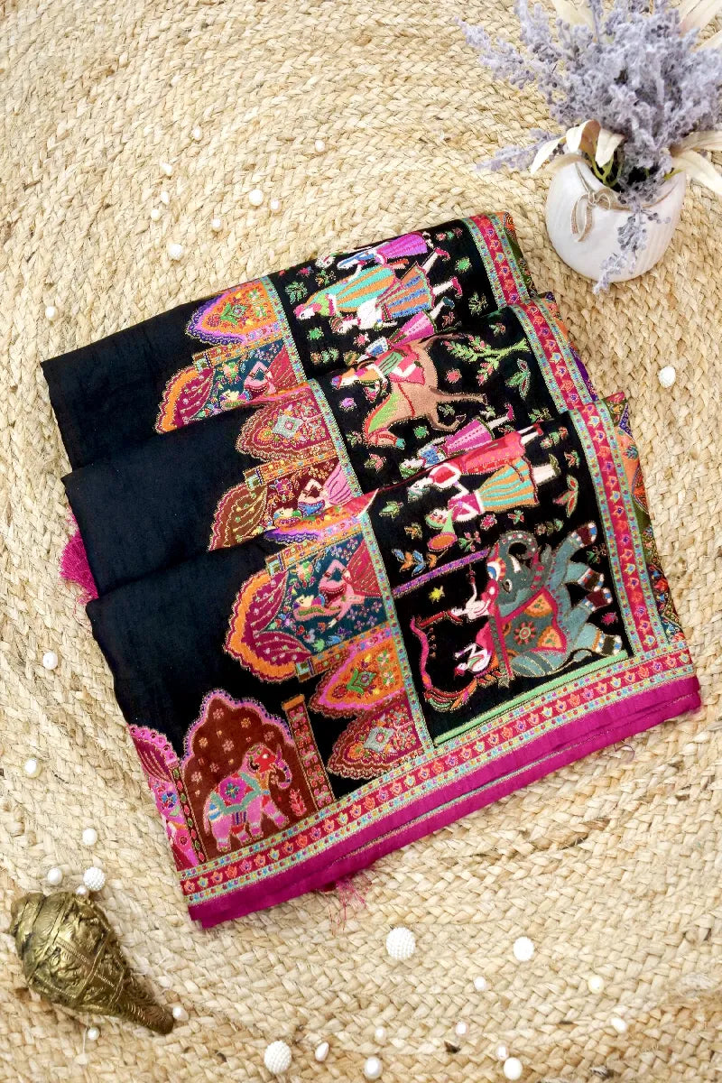 BLACK COLOR CREPE SILK PASHMINA SAREE