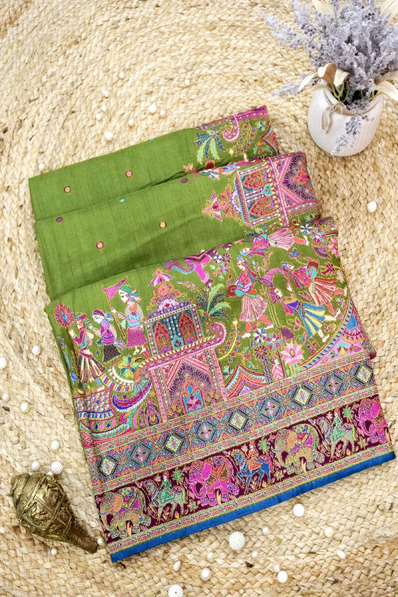 GREEN COLOR CREPE SILK PASHMINA SAREE