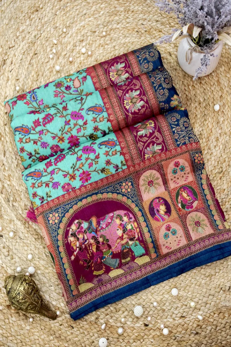 SEA GREEN WITH MAROON COLOR CREPE SILK PASHMINA SAREE