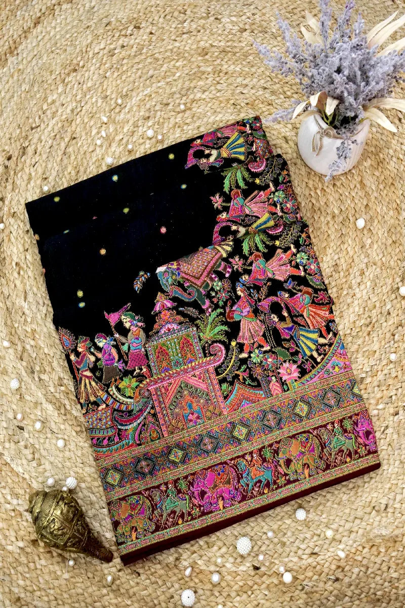 BLACK COLOR CREPE SILK PASHMINA SAREE