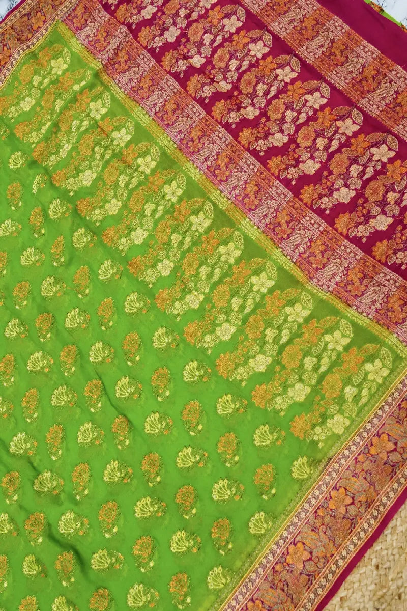 MEHENDI GREEN WITH PINK COLOR PURE KHADDI GEORGETTE SAREE