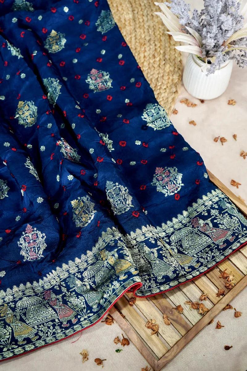 TEAL BLUE COLOR GAJJI SILK BANDHANI SAREE