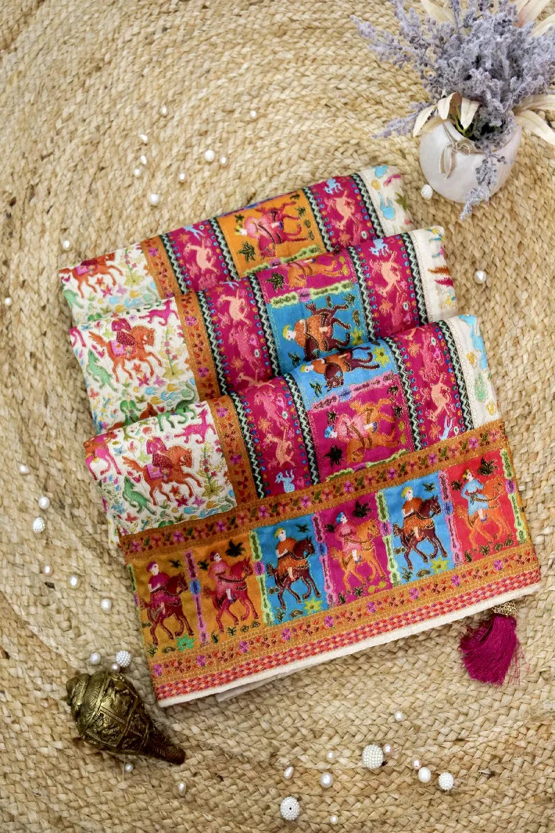 OFF WHITE WITH PINK COLOR CREPE SILK PASHMINA SAREE