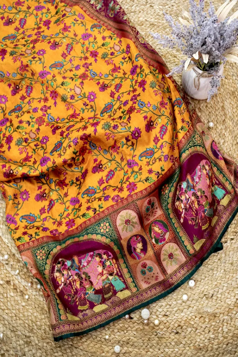 MUSTARD YELLOW COLOR CREPE SILK PASHMINA SAREE