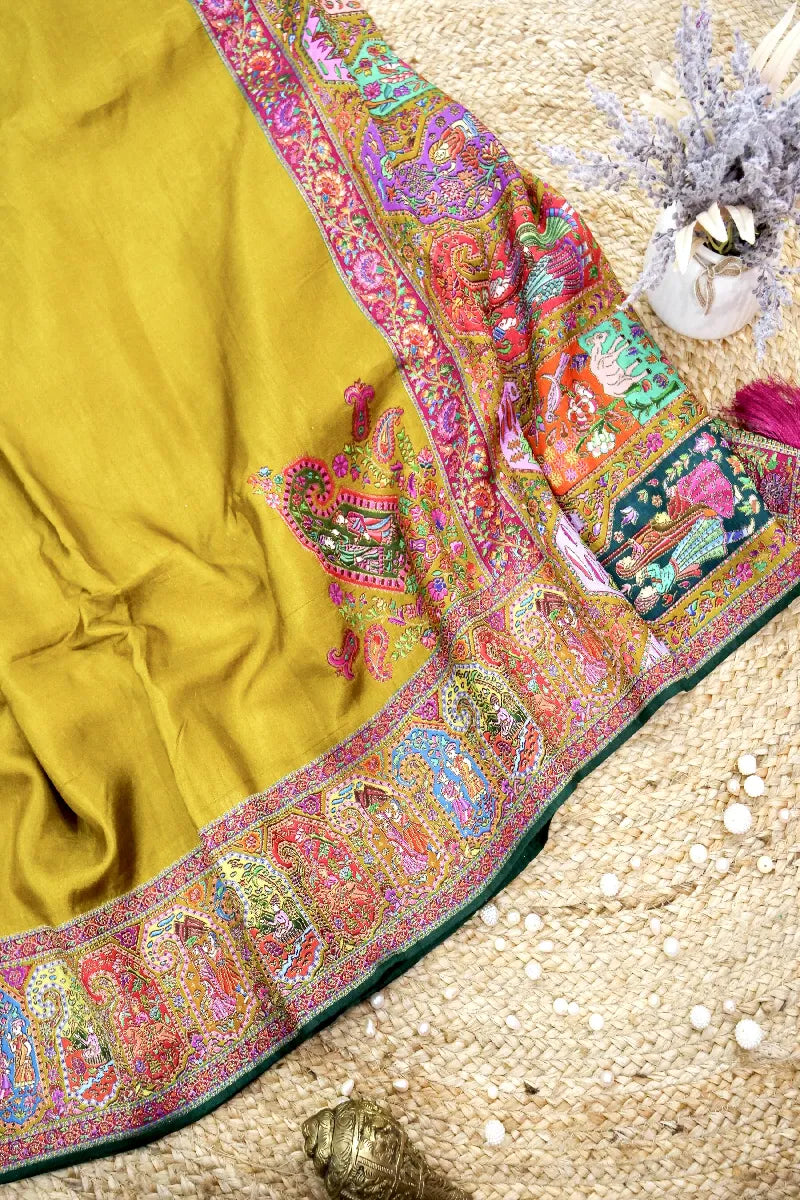 MUSTARD YELLOW COLOR CREPE SILK PASHMINA SAREE