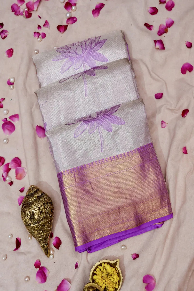 PURE HANDLOOM GREY COLOR KANCHIPURAM SILK SAREE