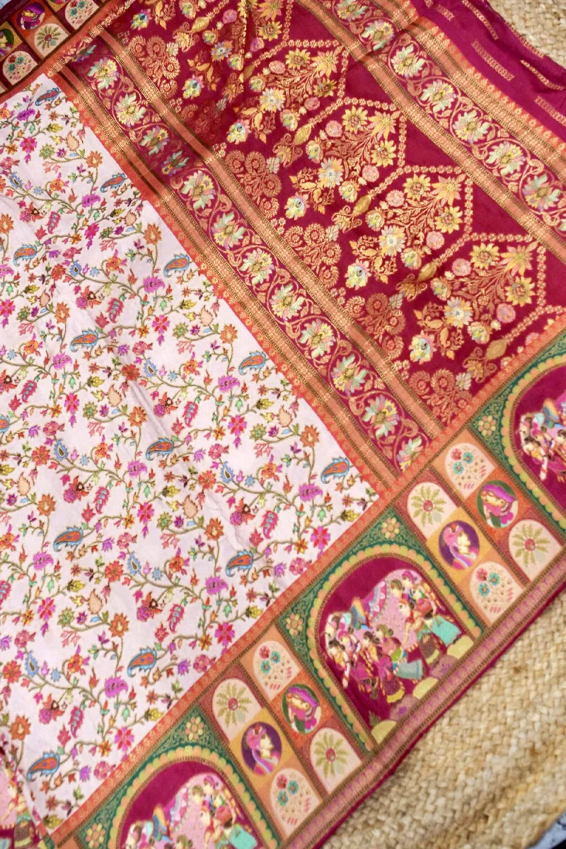 OFF WHITE WITH PINK COLOR CREPE SILK PASHMINA SAREE