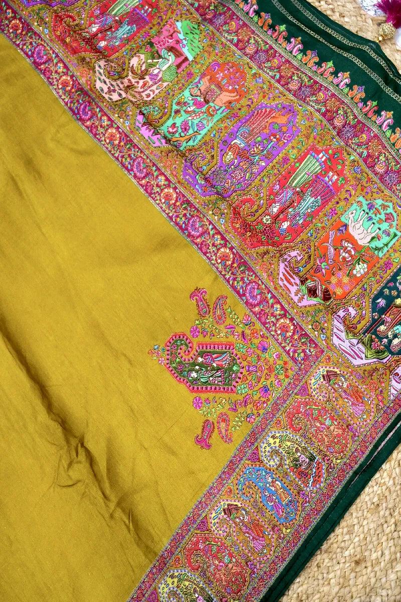MUSTARD YELLOW COLOR CREPE SILK PASHMINA SAREE