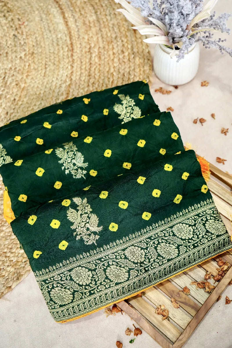 GREEN COLOR GAJJI SILK BANDHANI SAREE