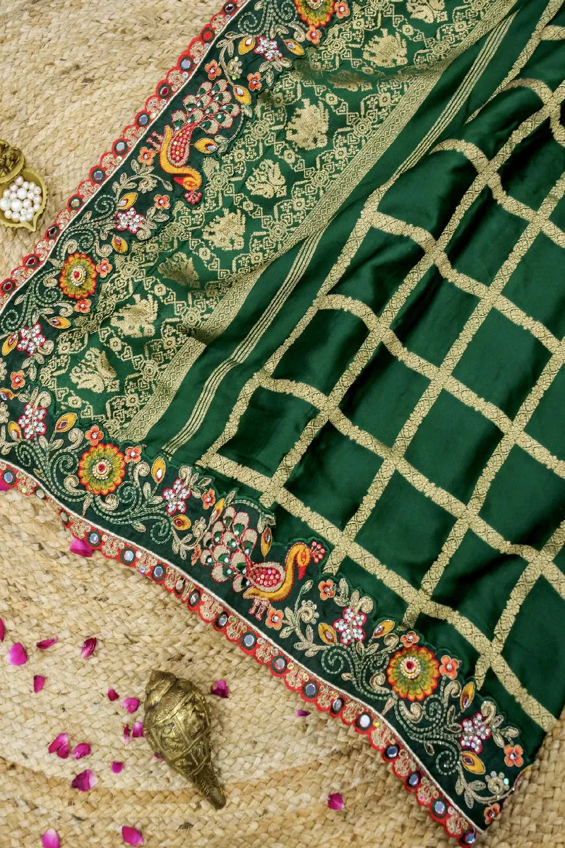 GREEN  WITH CREAM COLOR CREPE SILK SAREE
