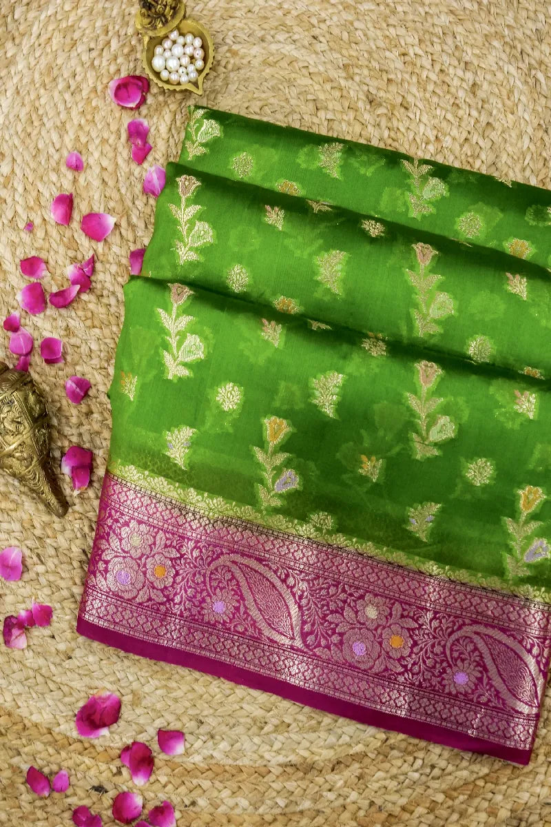 GREEN WITH PINK COLOR PURE DUPIAN SILK SAREE