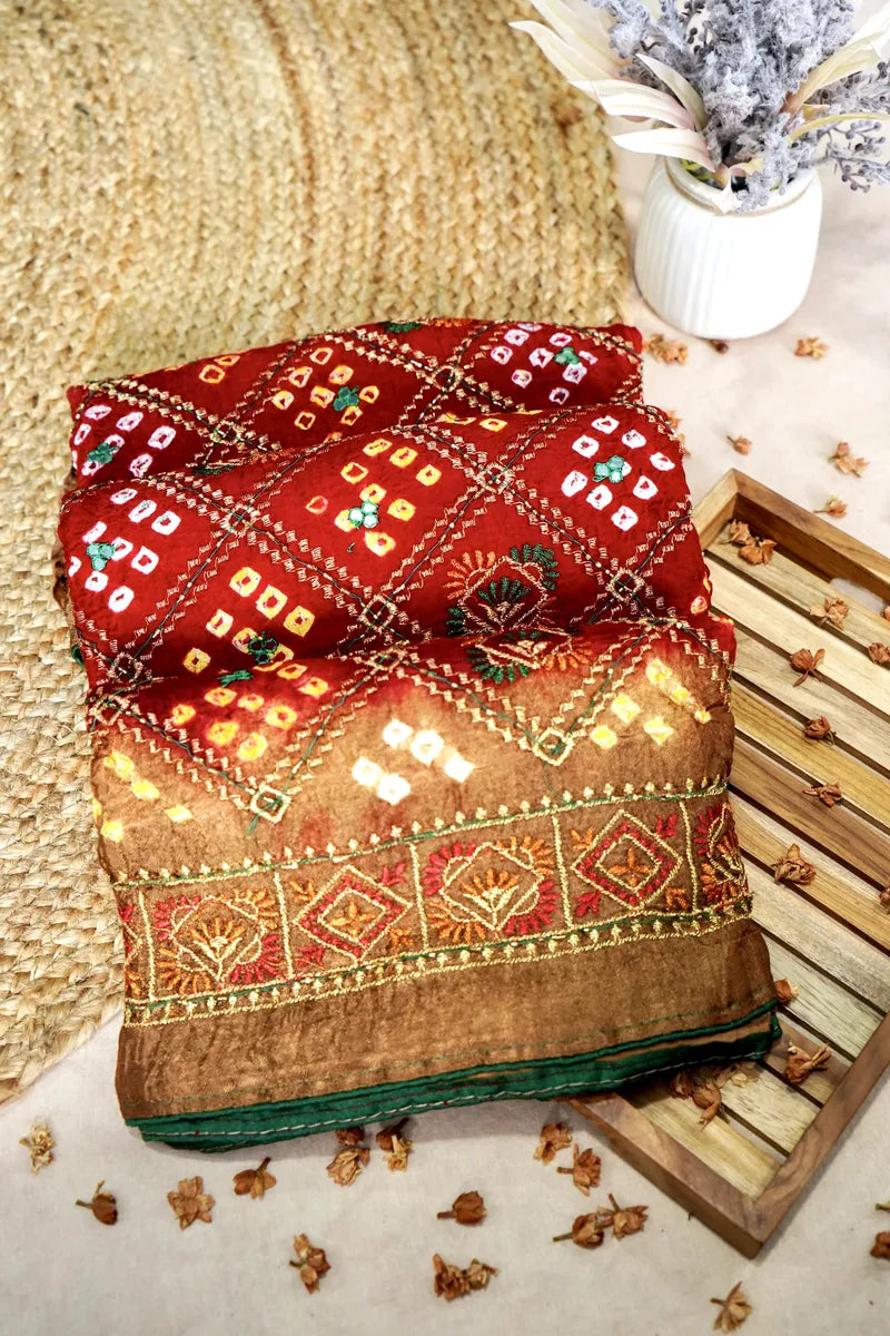 MAROON WITH CHIKU COLOR BANDHEJ SAREE