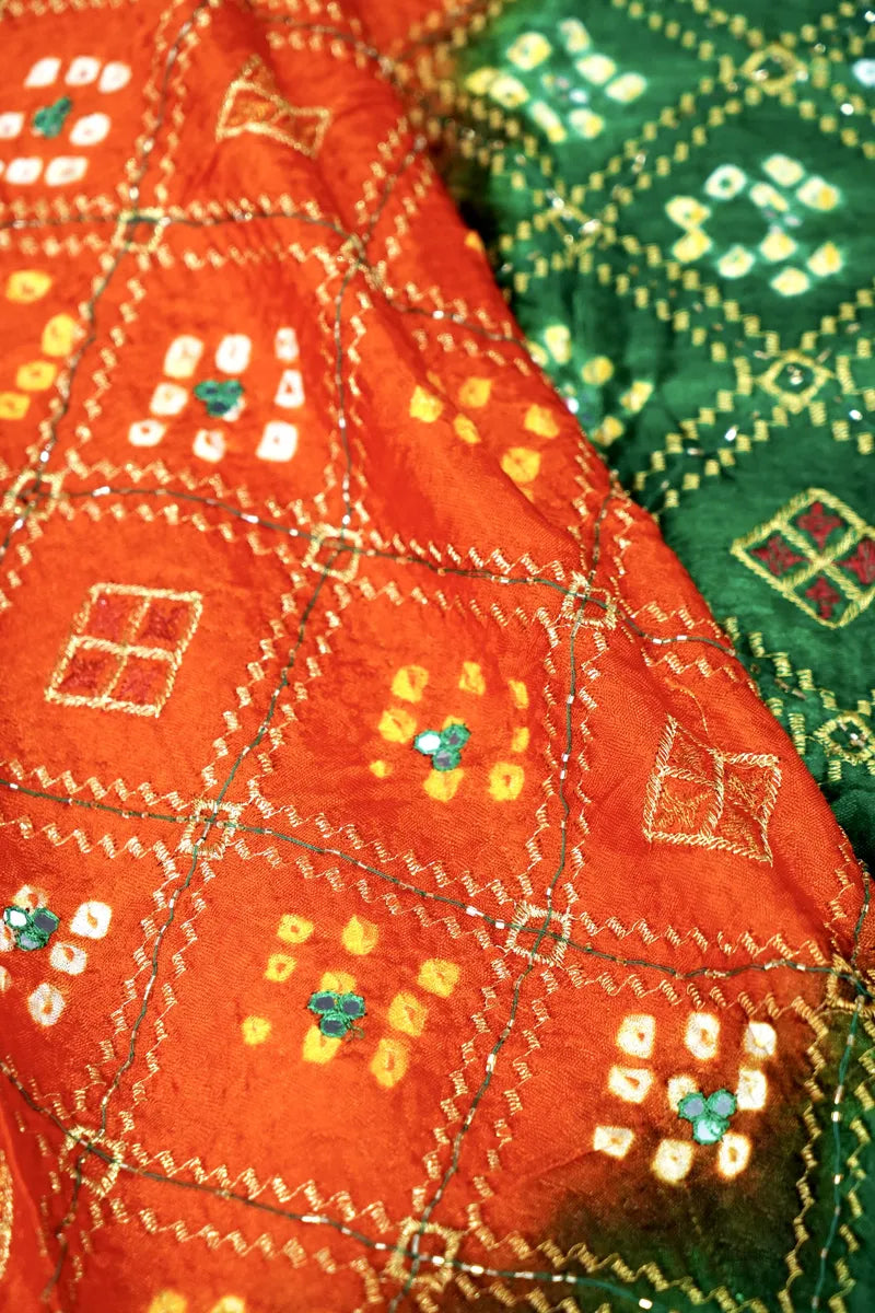 ORANGE WITH GREEN COLOR BANDHEJ SAREE