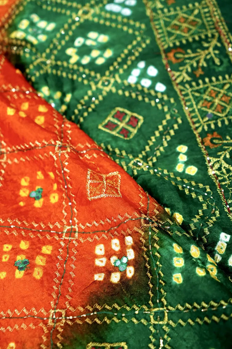 ORANGE WITH GREEN COLOR BANDHEJ SAREE