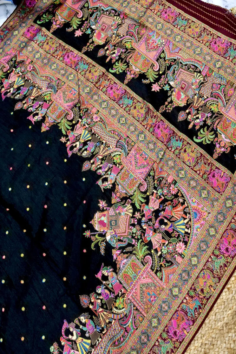 BLACK COLOR CREPE SILK PASHMINA SAREE