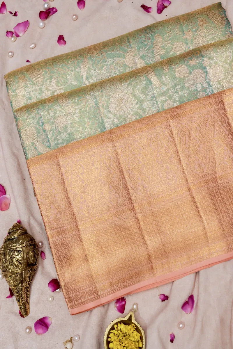 PURE HANDLOOM REAL ZARI SEA GREEN COLOR KANCHIPURAM SILK SAREE