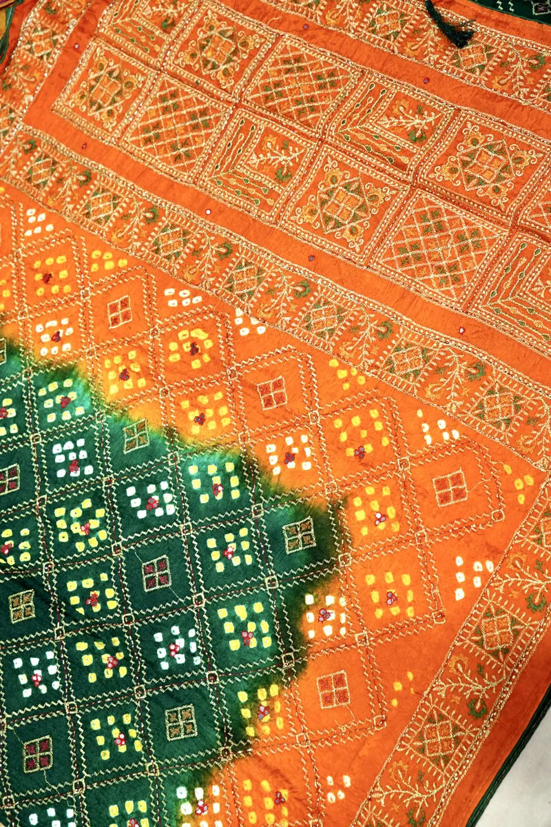 GREEN WITH ORANGE COLOR BANDHEJ SAREE