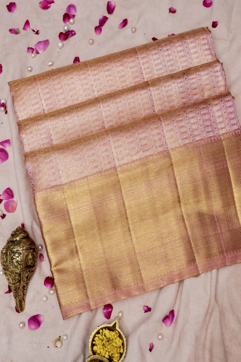 PURE HANDLOOM REAL ZARI ONION PINK COLOR KANCHIPURAM SILK SAREE