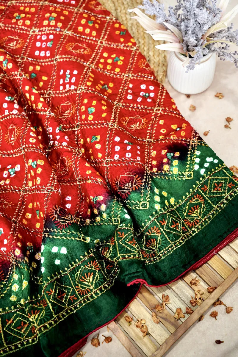 RED WITH GREEN COLOR GAJJI SILK BANDHANI SAREE