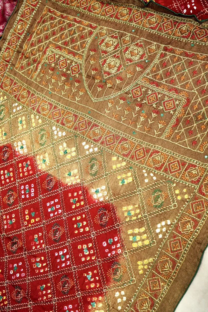 MAROON WITH CHIKU COLOR BANDHEJ SAREE