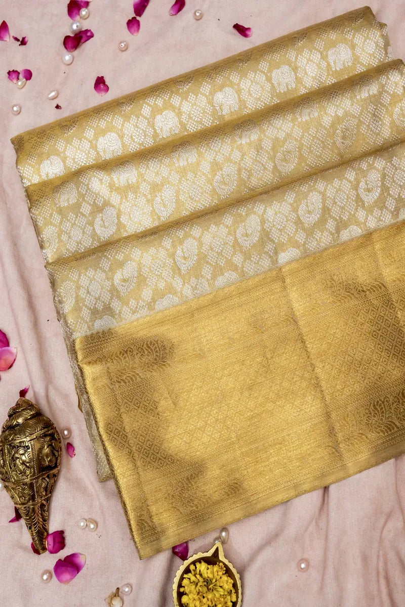 PURE HANDLOOM REAL ZARI GOLDEN COLOR KANCHIPURAM SILK SAREE