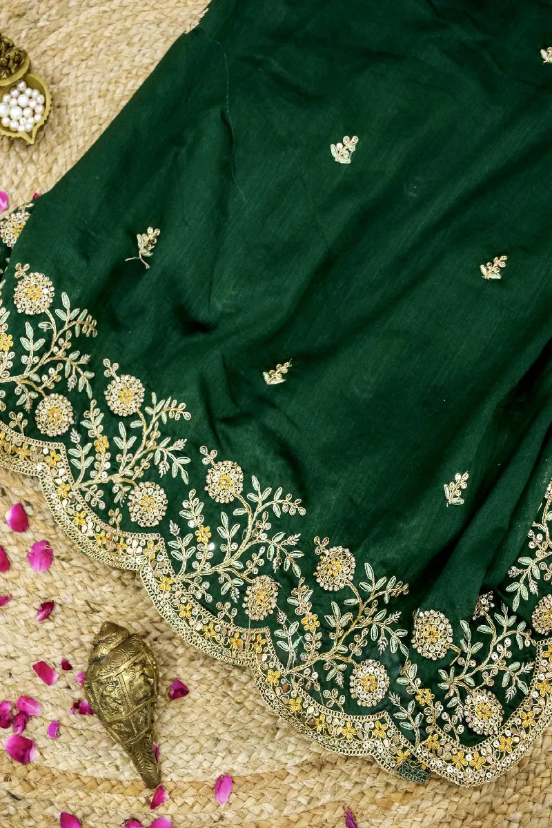 DARK GREEN COLOR RAW SILK SAREE