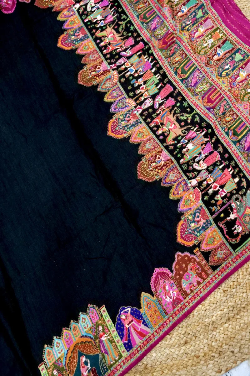 BLACK COLOR CREPE SILK PASHMINA SAREE