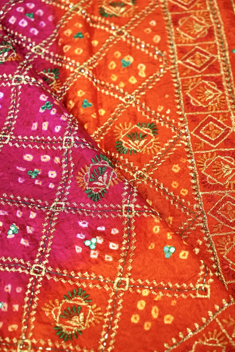 PINK WITH ORANGE COLOR BANDHEJ SAREE