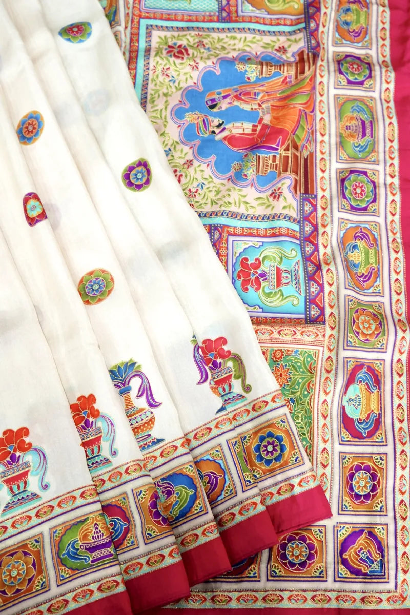 WHITE COLOR PANCHMEENA SILK SAREE