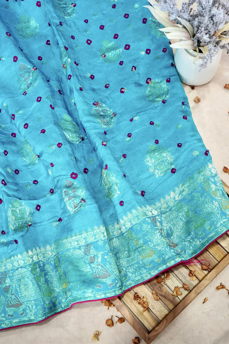 SEA GREEN COLOR GAJJI SILK BANDHANI SAREE