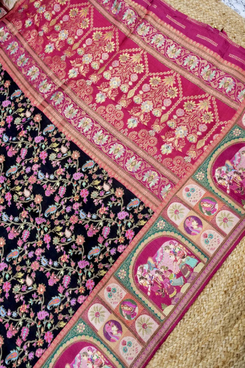 BLACK WITH PINK COLOR CREPE SILK PASHMINA SAREE