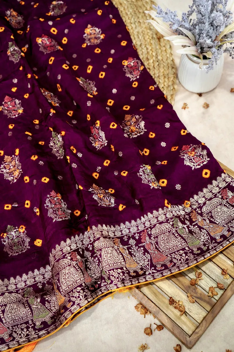 WINE COLOR GAJJI SILK BANDHANI SAREE