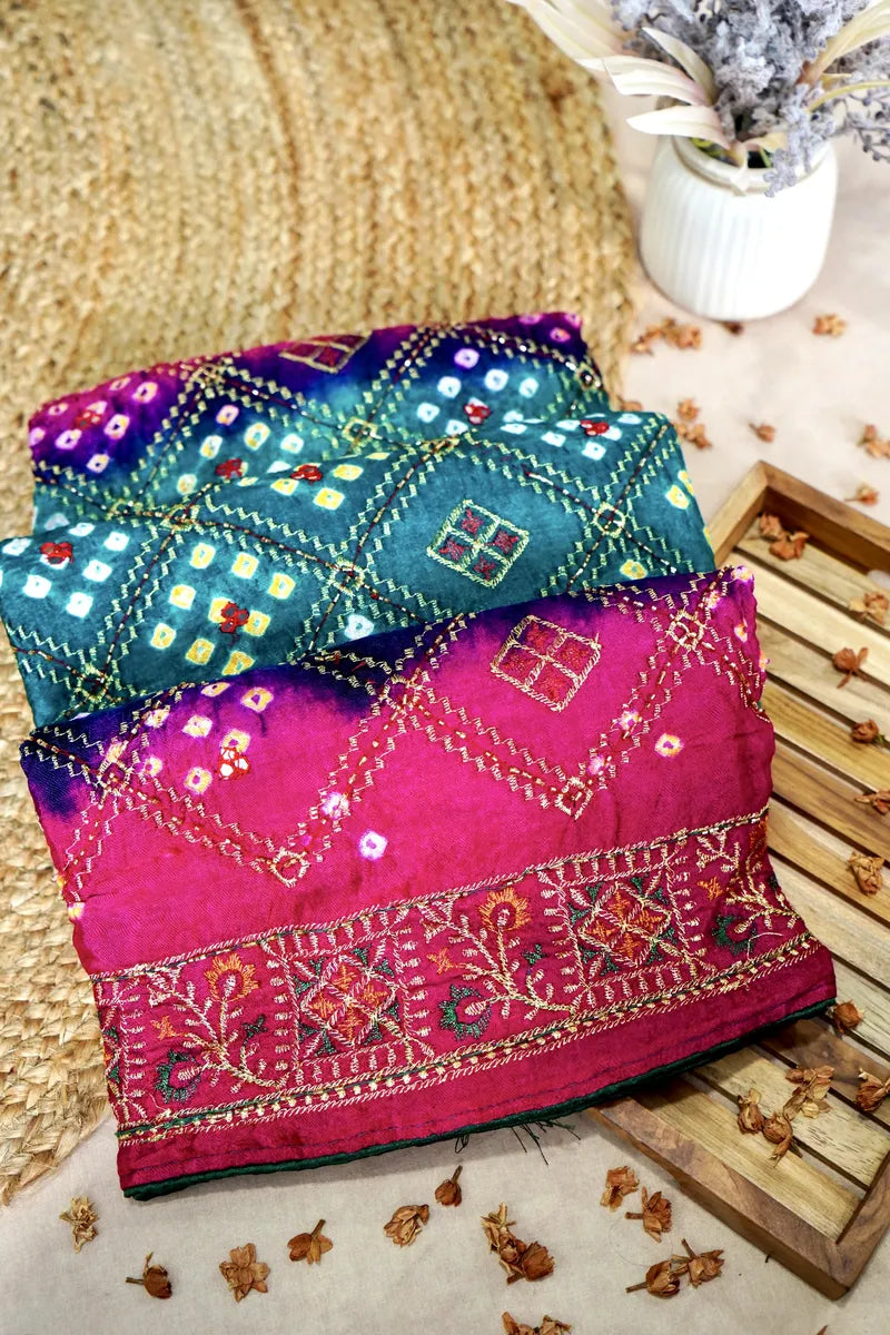 PINK WITH CYAN COLOR BANDHEJ SAREE