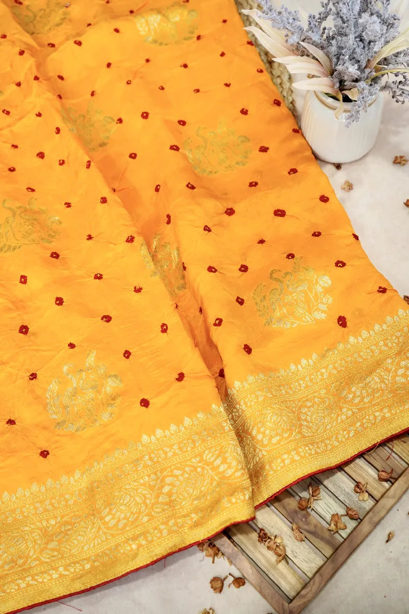 YELLOW COLOR GAJJI SILK BANDHANI SAREE