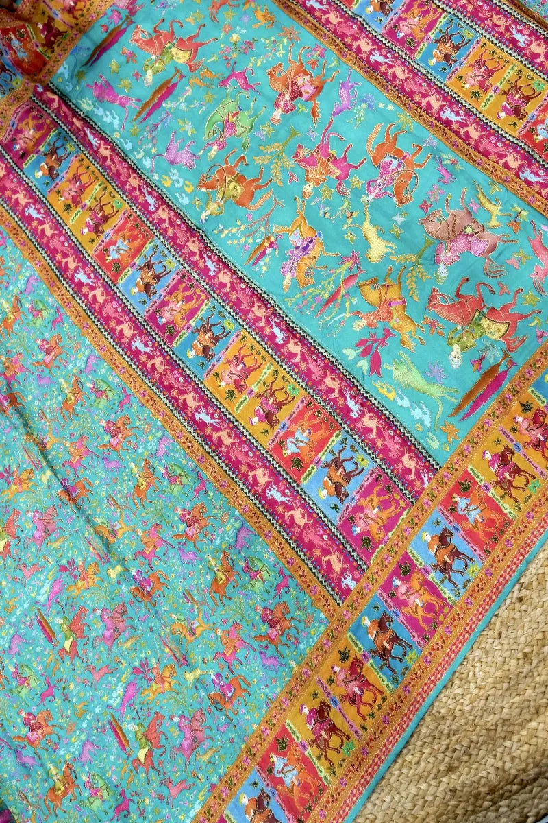 SEA GREEN COLOR CREPE SILK PASHMINA SAREE